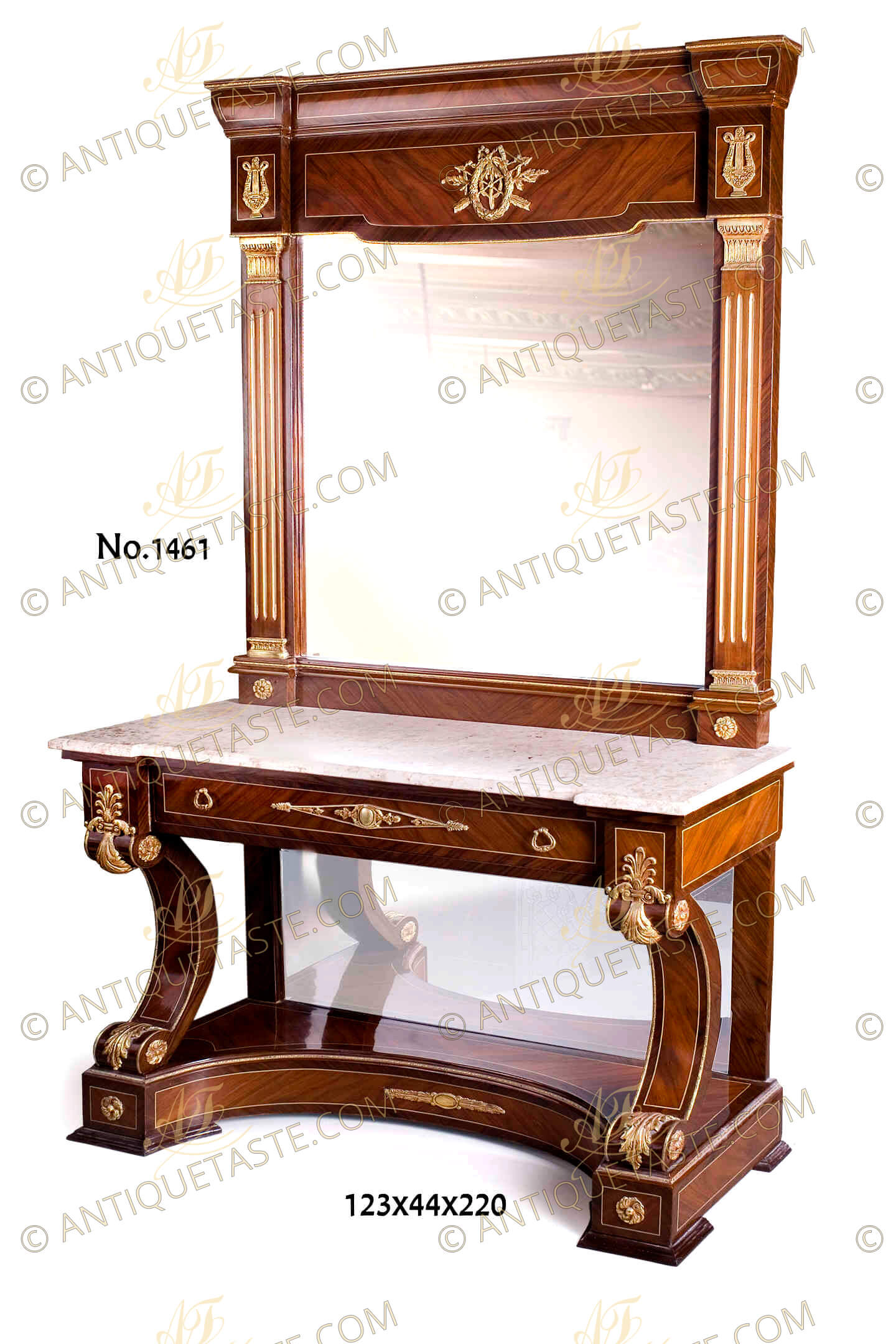 A handsome grand mid 19th century Neo-Classical style ormolu-mounted veneer inlaid mirrored console table with matching mirror, The grand trumeau form wooden beveled mirror frame sans traverse veneer and filet inlaid surmounted with a recessed Entablature top ornamented with ormolu foliate ribbon tied berried laurel wreath and arrows and ormolu lyre mount on each side, Flanked at each side with a Doric style pilasters with fluted shafts and ormolu capital and base above a protruded base with ormolu rosettes, The mirror is resting on a marble top above the shaped veneer inlaid apron with a large drawer ornamented with a central typical Neo-classical style cartouche and palmette ormolu mount, sided with blocks decorated with leafy palmettes, The console is raised on a solid platform base with mirror back plate supported by C scrolled voluted robust legs accented with ormolu acanthus leaves and ormolu rosettes  and a curved recessed plinth ornate with ormolu laurel branch and sit on beveled shaped flattened legs
